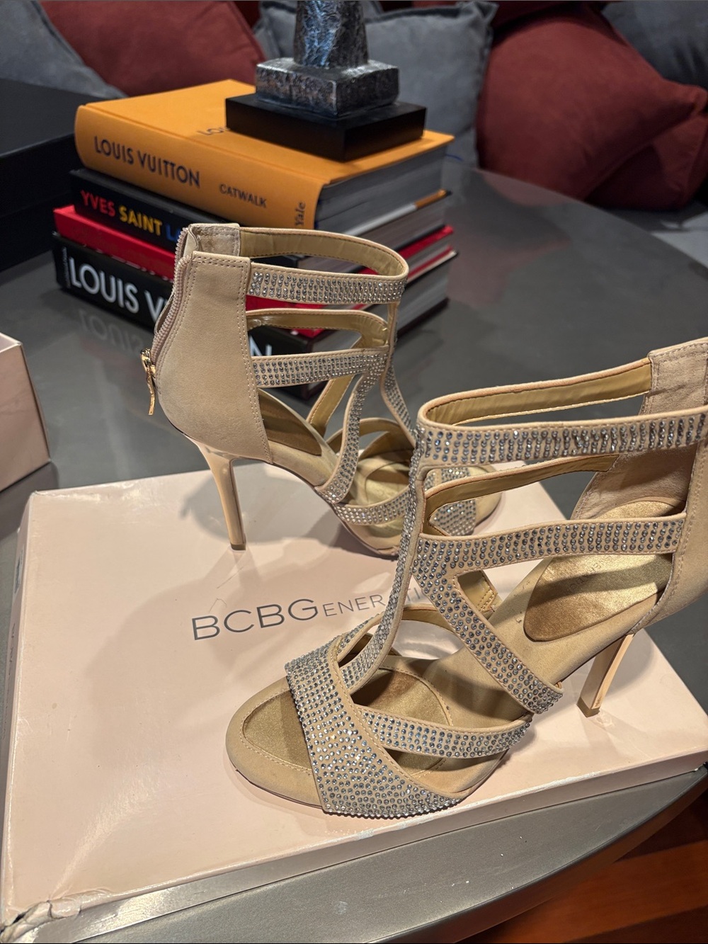 BCBGeneration Nude Rhinestone Strappy Stiletto Heels